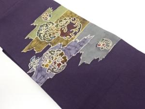 作家物縮緬地破れ横段に角倉文・荒波・花葉模様名古屋帯